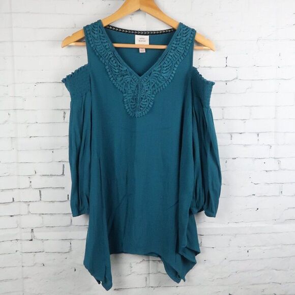 KNOX ROSE TEAL COLD SHOULDER 3/4 SLEEVE V NECK ASYMETRICAL TUNIC TOP SIZE S - Picture 3 of 10